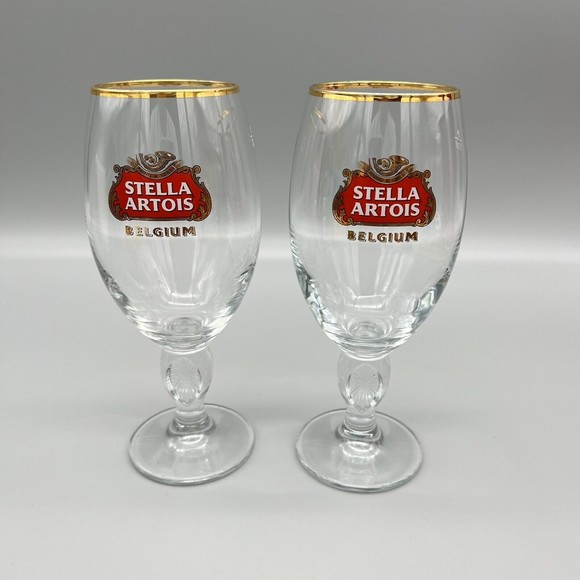 Stella Artois Chalice Beer Glasses Gold Rim 33cl  Set of 2 Barware Man Cave 1 - Picture 1 of 11